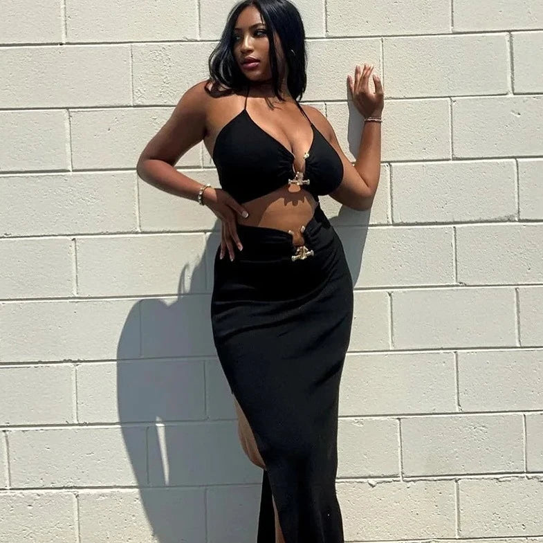 Black Hollow Out Slit Cut Dress - Verostyle