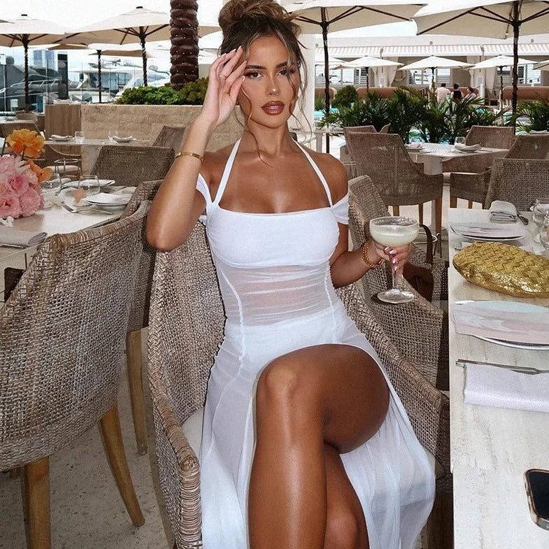 See- Through Halter Neck Slit Cut Beach Dress - Verostyle