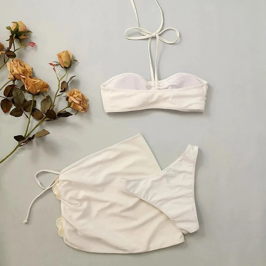 3 Piece Flowers Attached Beach Bikini Set - Verostyle