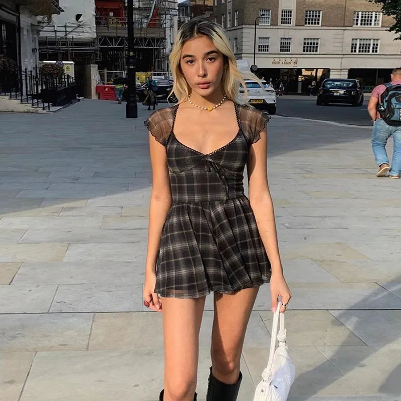 Plaid Fit Flare Mini Dress - Verostyle