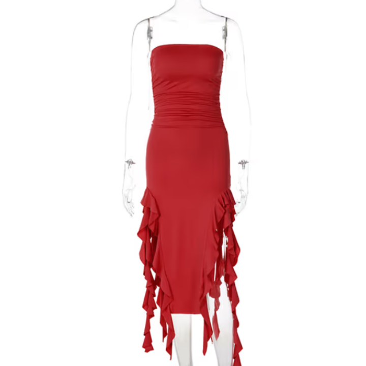 Amazing Red Tube Ruffle Dress- Verostyle