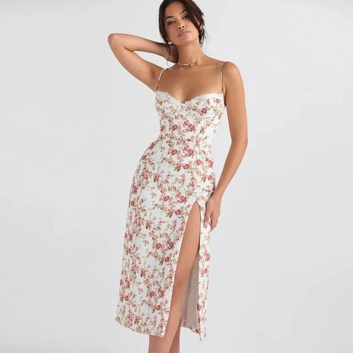 Casual Slit Floral Printed Midi Dress- Verostyle