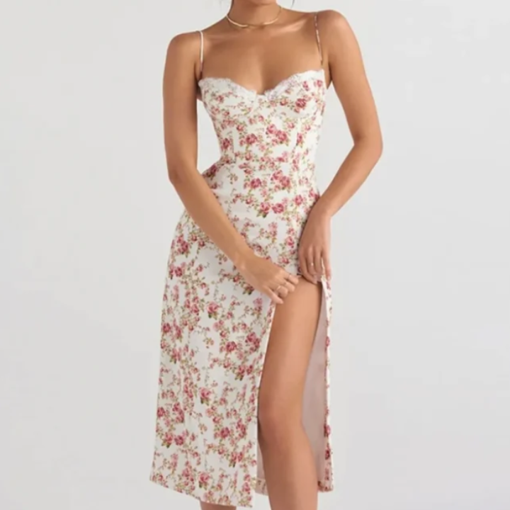 Casual Slit Floral Printed Midi Dress- Verostyle