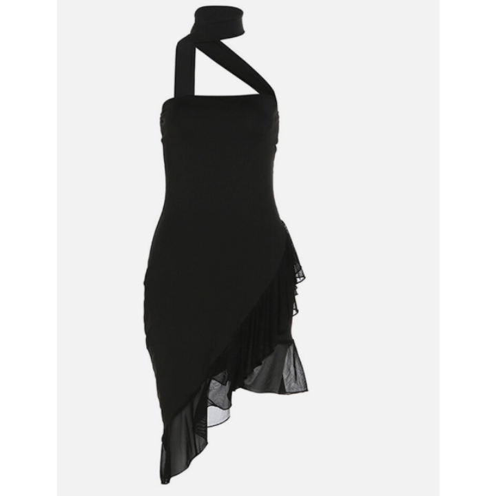 Black Ruffle Halter Neck Dress - Verostyle