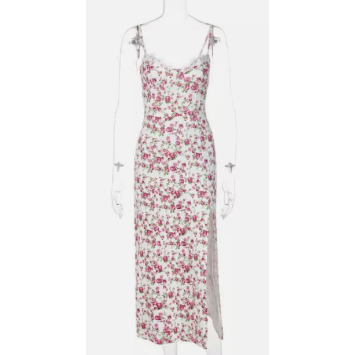 Casual Slit Floral Printed Midi Dress- Verostyle