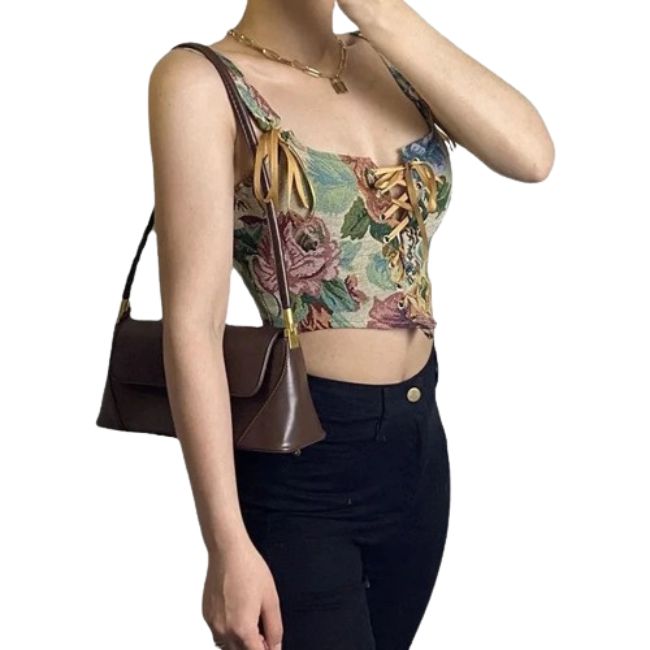 Tie Up Floral Print Corset Top - Verostyle