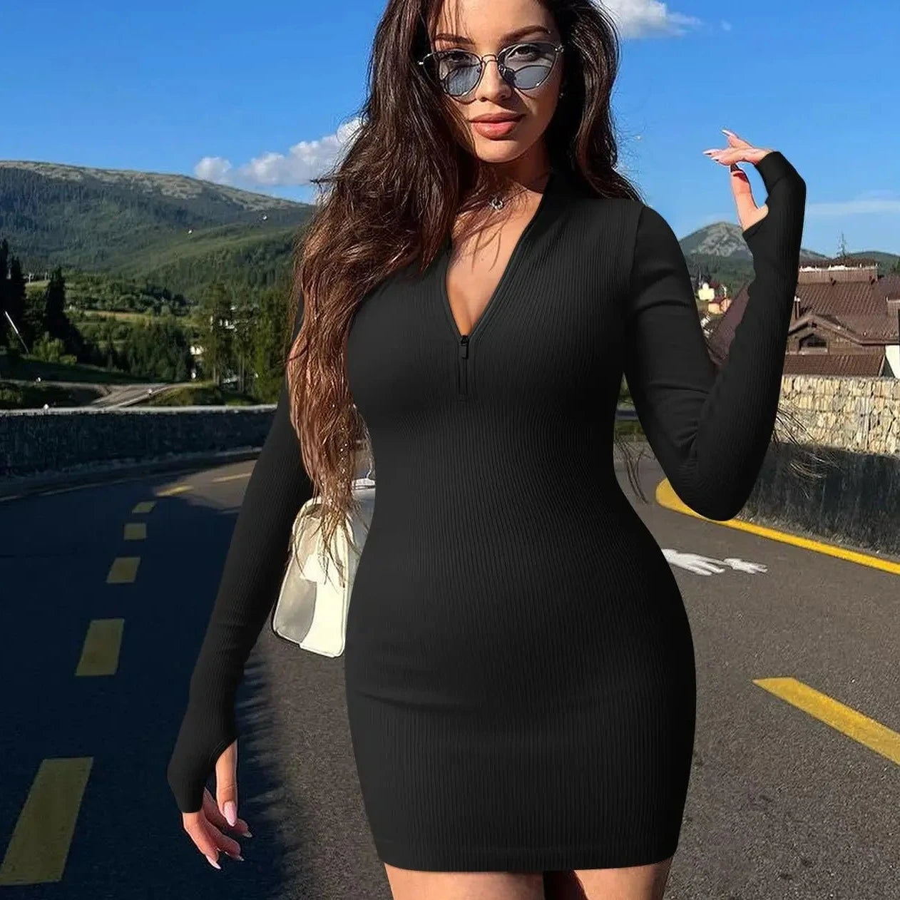 Half Zip Tight Bodycon Dress - Verostyle