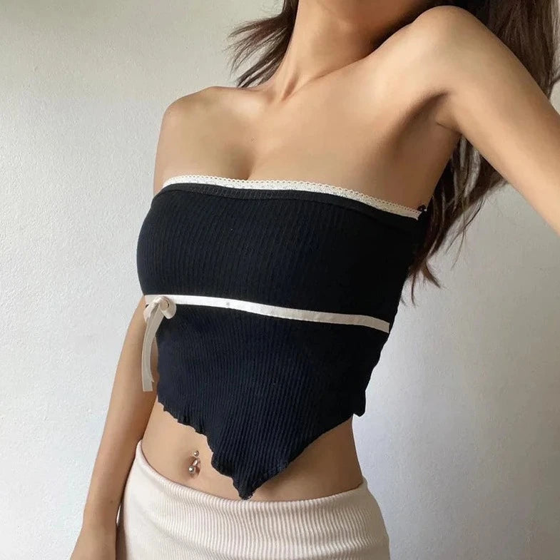 Tube Ribbon Patch Work Crop Top - Verostyle