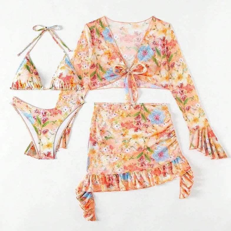 4 Piece Floral Beachwear Set - Verostyle