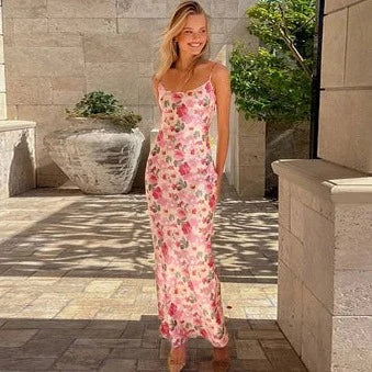 Satin Floral Print Bodycon Long Dresses