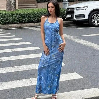 Tie Dye Print Halter Backless Dresses