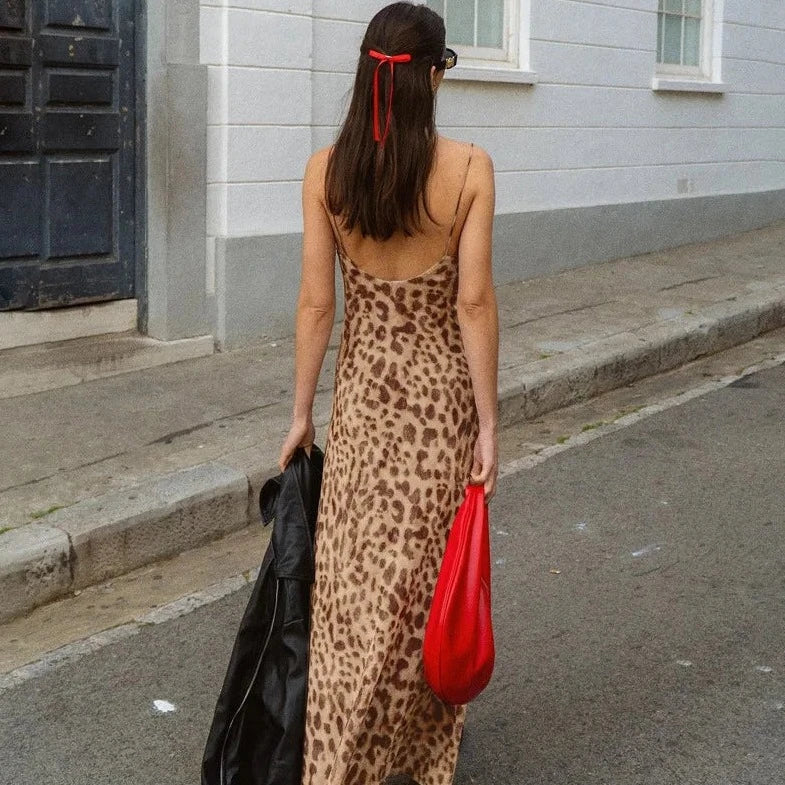 Leopard Print Spaghetti Sling Ruched Dresses