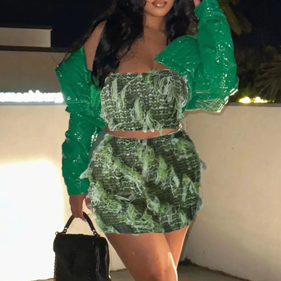 Green Crop Tube And Mini Skirt - Verostyle