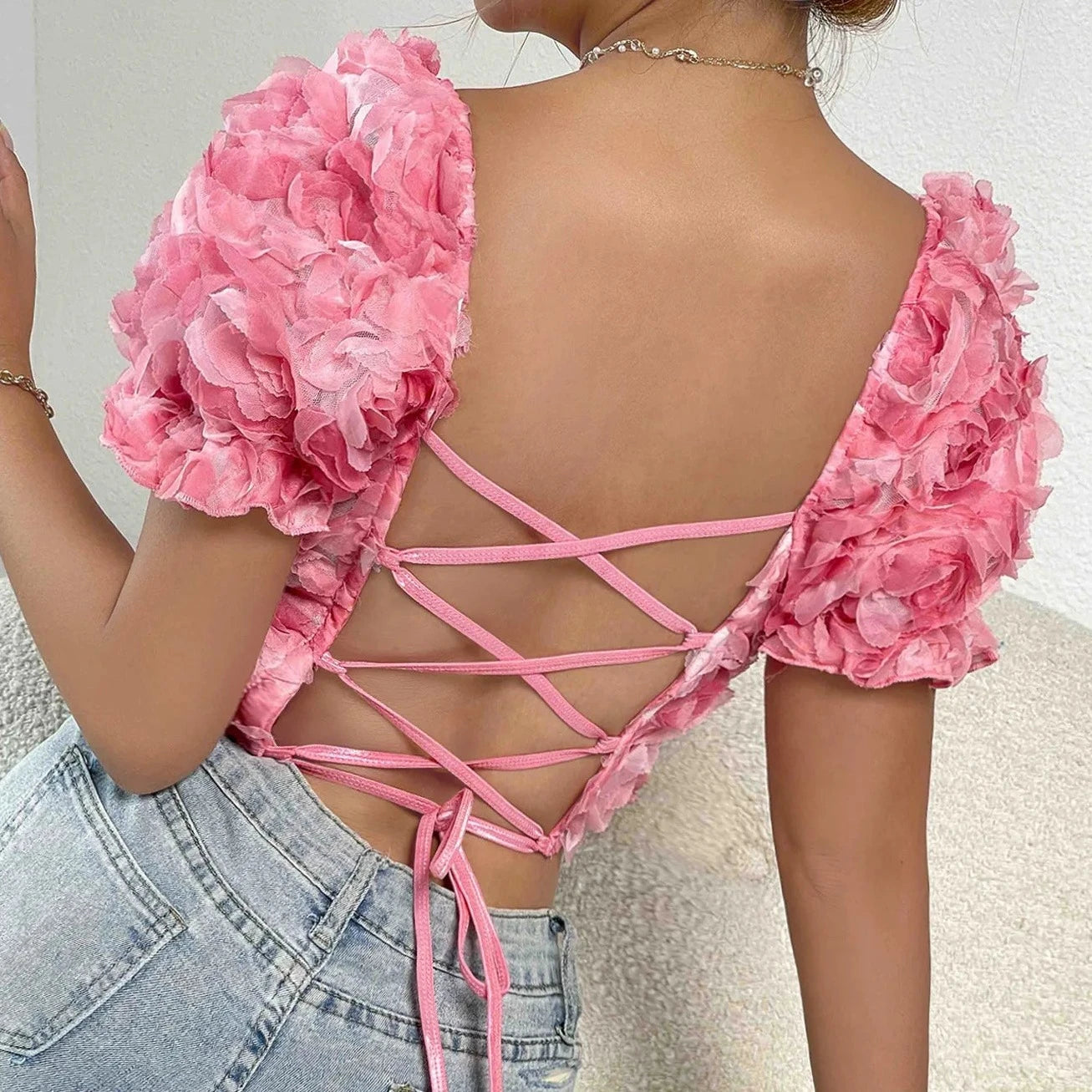 Lace Rose Embroidery Crop Top - Verostyle