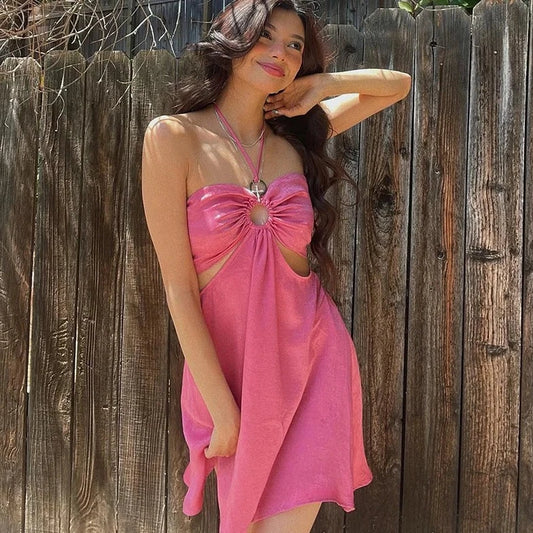 Pink Halter Neck Backless Mini Dress - Verostyle