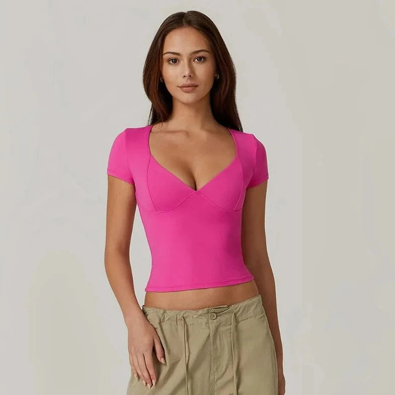 Short Sleeve V-Neck Crop Top - Verostyle