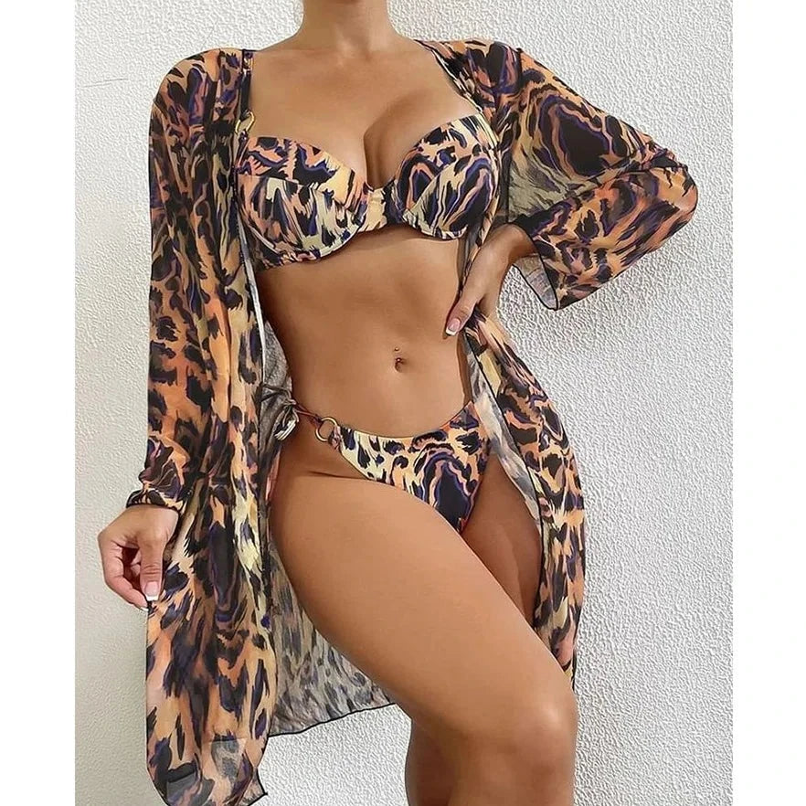 3 Piece Leopard Print Beachwear - Verostyle