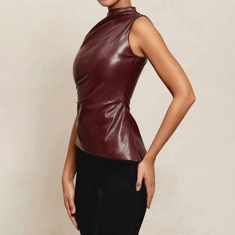 PU Leather Sleeveless Turtle Neck Top - Verostyle