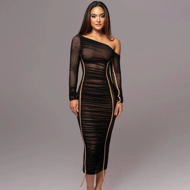 Long Sleeve One Shoulder Off Bodycon Dress - Verostyle