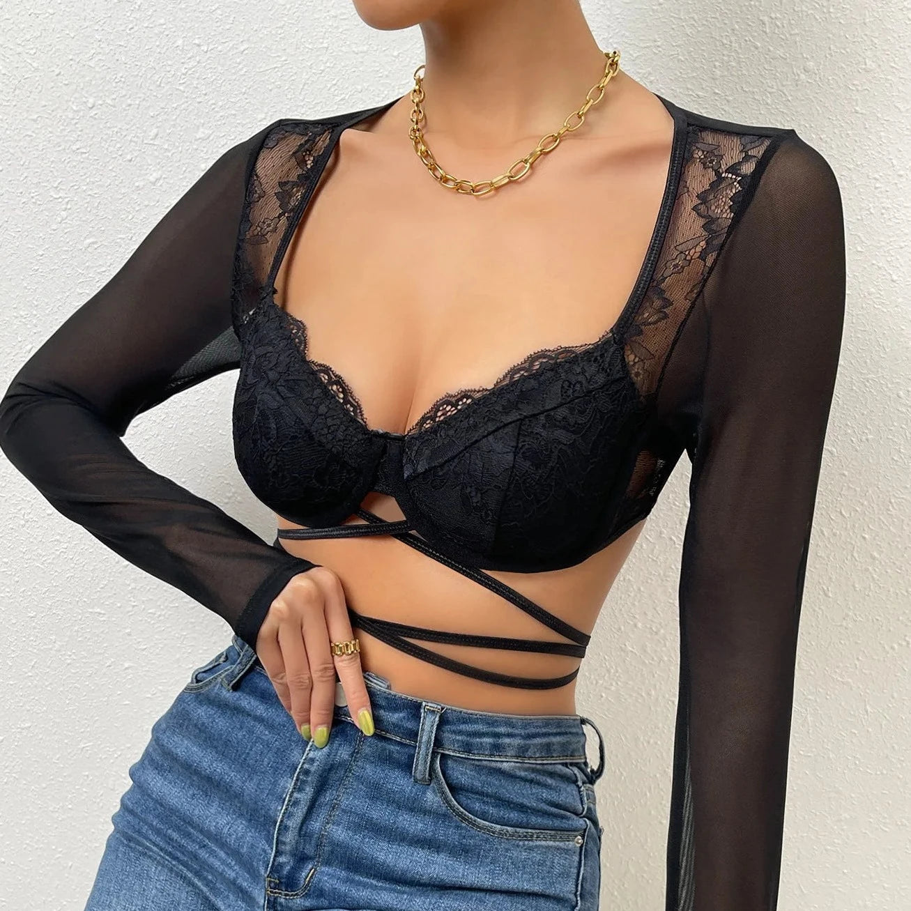 Lace up Semi Sheer Crop Top - Verostyle