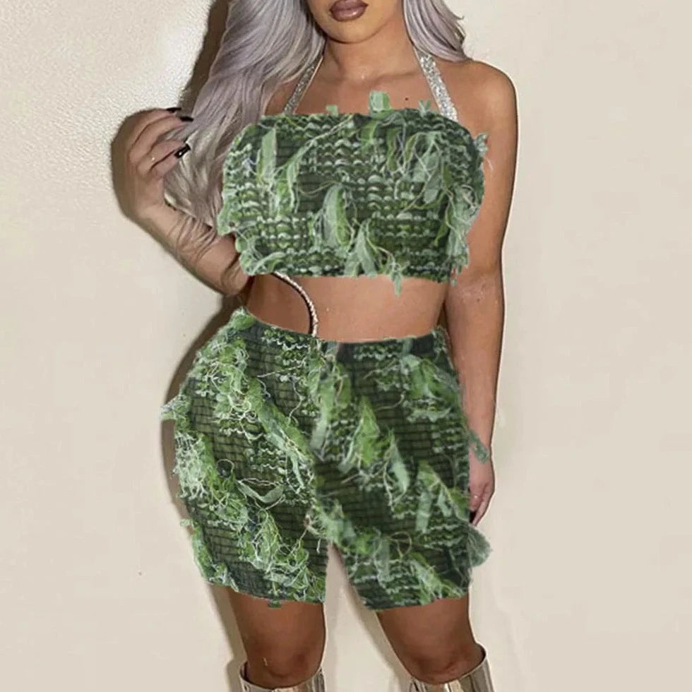 Green Crop Tube And Mini Skirt - Verostyle