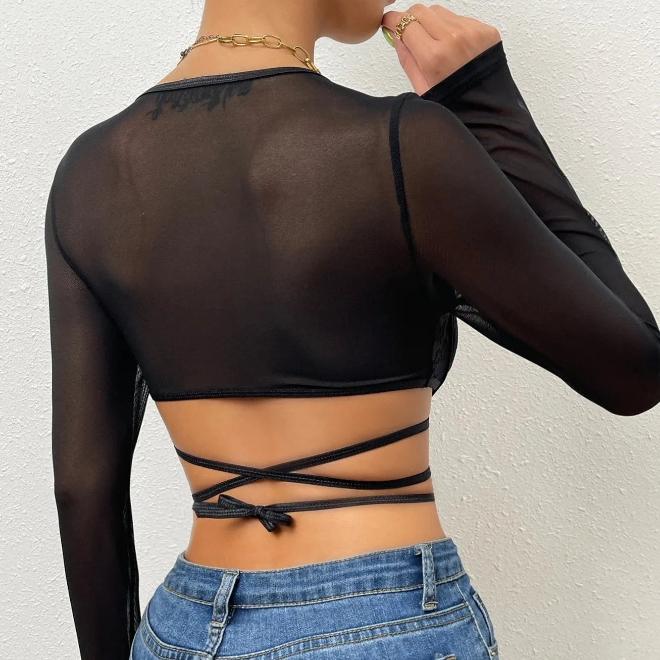 Lace up Semi Sheer Crop Top - Verostyle