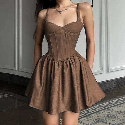 Casual Brown Corset Mini Dress - Verostyle