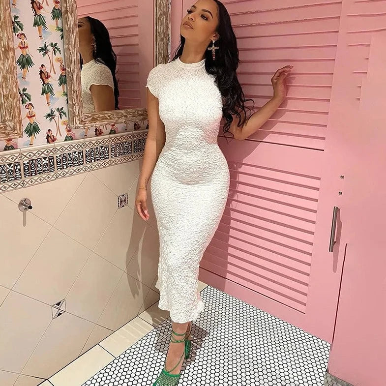 Lace Short Sleeve Long Bodycon Dress - Verostyle