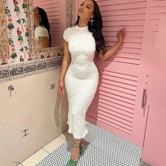 Lace Short Sleeve Long Bodycon Dress - Verostyle