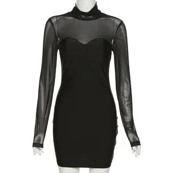 Mesh See- through Long Sleeve Mini Dress - Verostyle