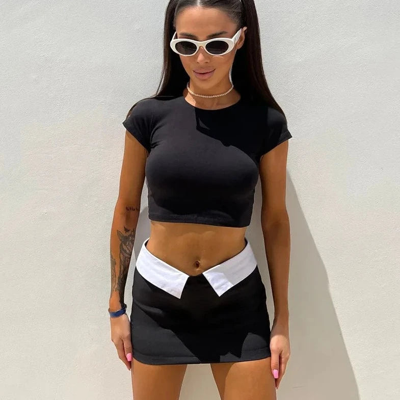 T-Shirt Crop Top And Mini Skirt - Verostyle