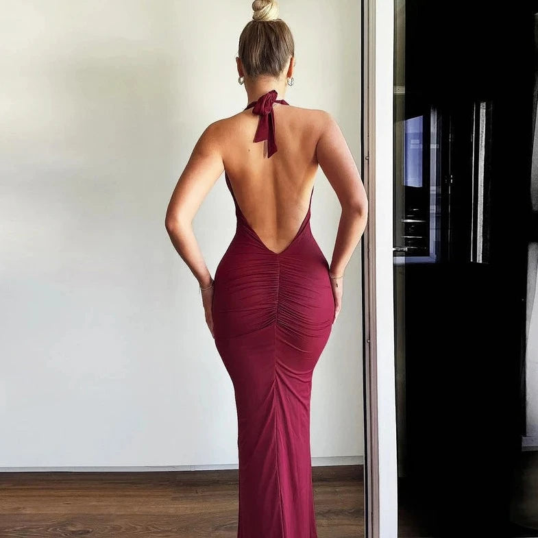 Halter Deep V Sexy Ruched Backless Dresses