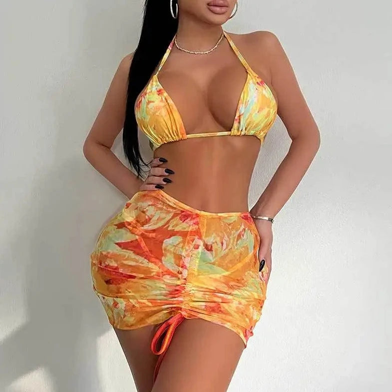 3 Piece Floral Tie Up Beachwear - Verostyle