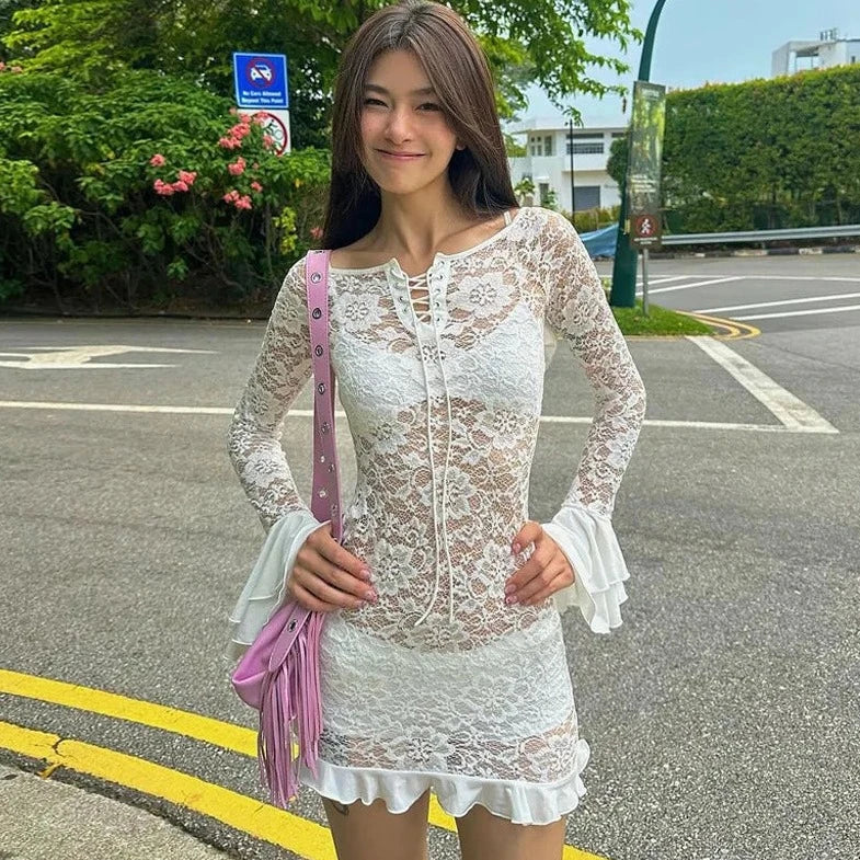 White Lace See- through Dress - Verostyle