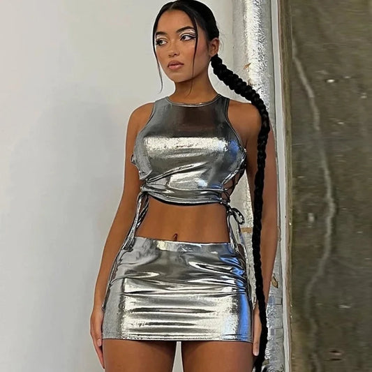 Metallic Side tie Up Top And Mini Skirt - Verostyle