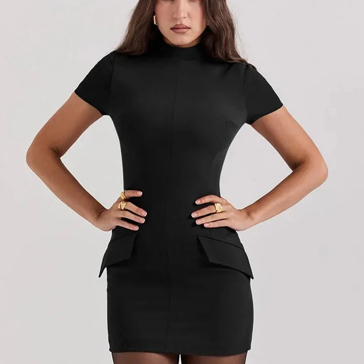 Short Sleeve Turtle Neck Bodycon Dress - Verostyle