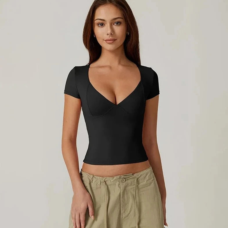 Short Sleeve V-Neck Crop Top - Verostyle