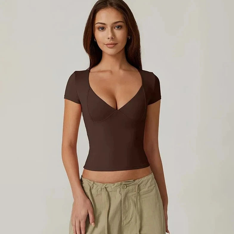 Short Sleeve V-Neck Crop Top - Verostyle