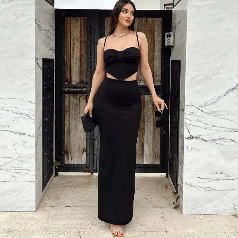 Black Sweetheart Top And Long Skirt - Verostyle