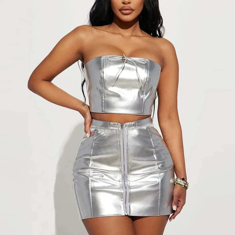 Metallic Tube Tope And Mini Skirt - Verostyle