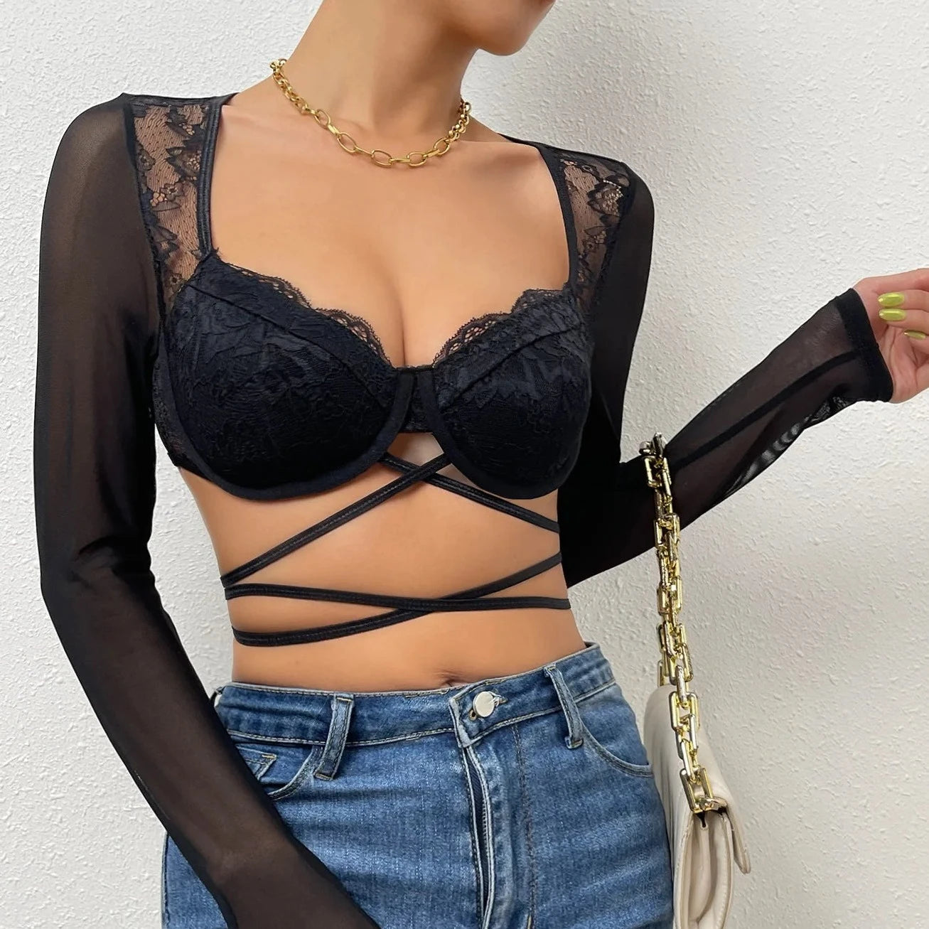 Lace up Semi Sheer Crop Top - Verostyle