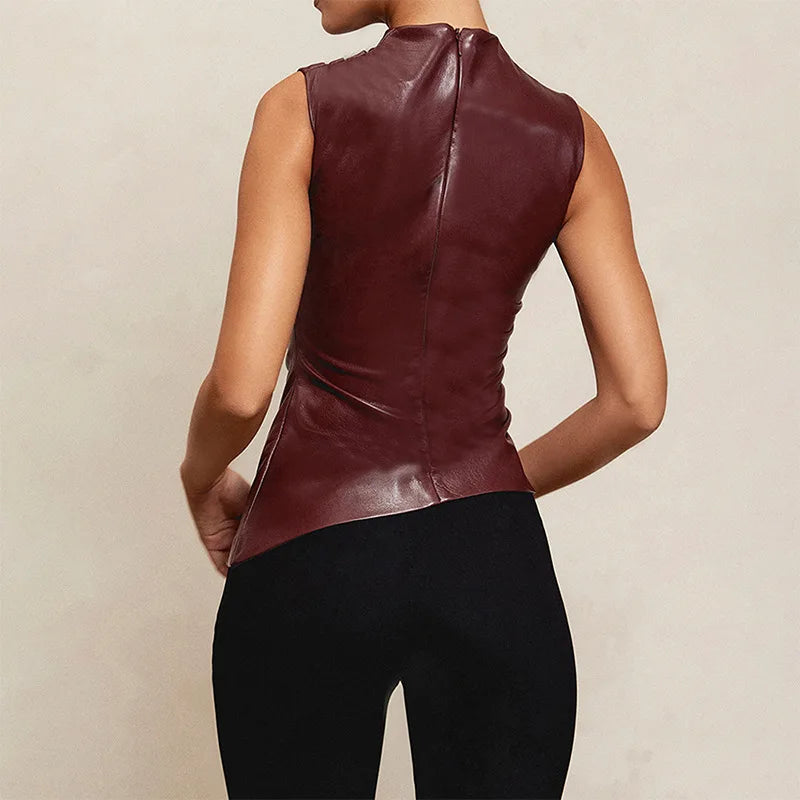 PU Leather Turtle Neck Sleeveless Top - Verostyle