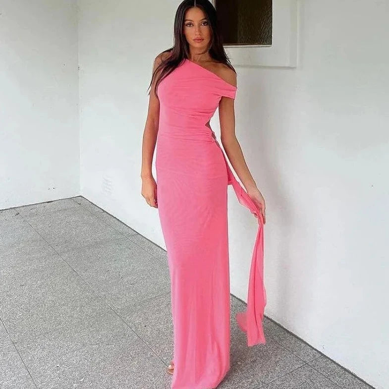 One Off Shoulder Slit Cut Maxi Dress - Verostyle