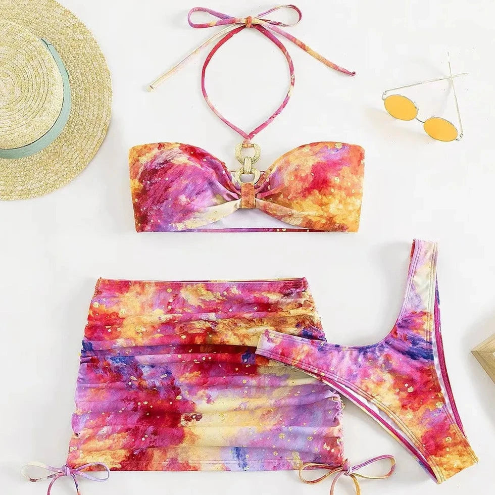 3 Piece Print Halter High Waist Beachwear - Verostyle