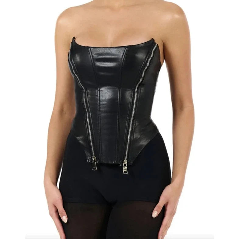 PU Leather Zipper Up Tube Top - Verostyle