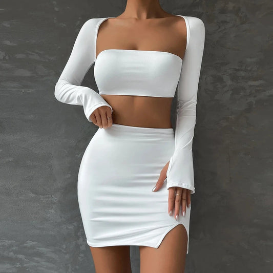 Long Sleeve Crop Top And Mini Skirt - Verostyle