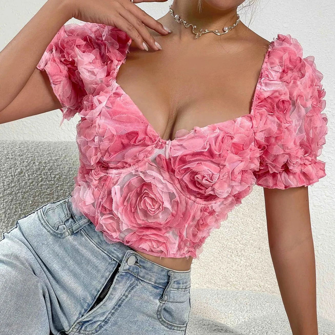 Lace Rose Embroidery Crop Top - Verostyle