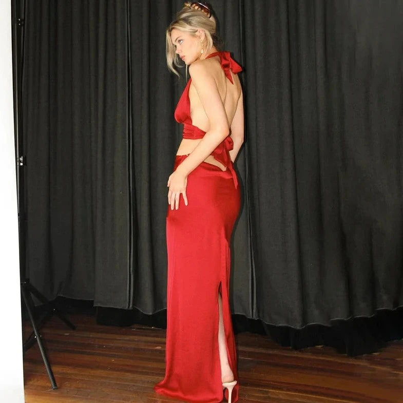 Satin Backless Top And Long Skirt - Verostyle