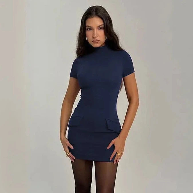 Short Sleeve Turtle Neck Bodycon Dress - Verostyle