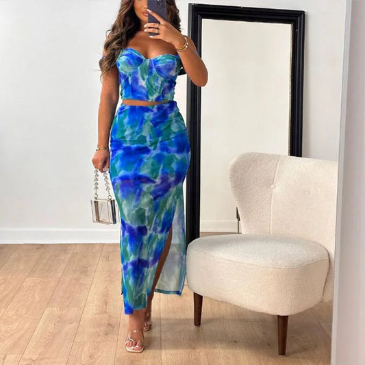 Printed Corset Top And Slit Skirt - Verostyle